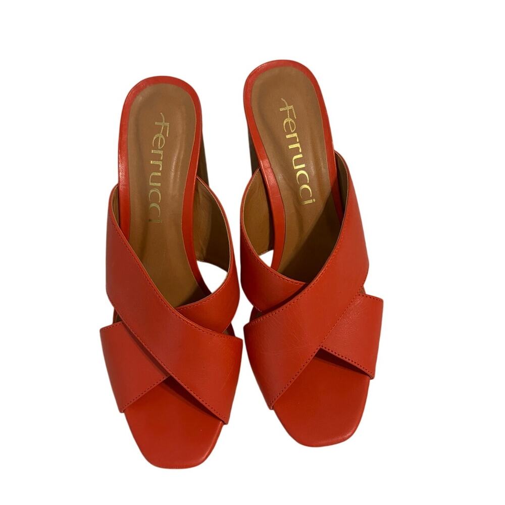 Ferrucci Orange Leather Block Heel Slide Sandals Square Toe Women's 8 Vacation